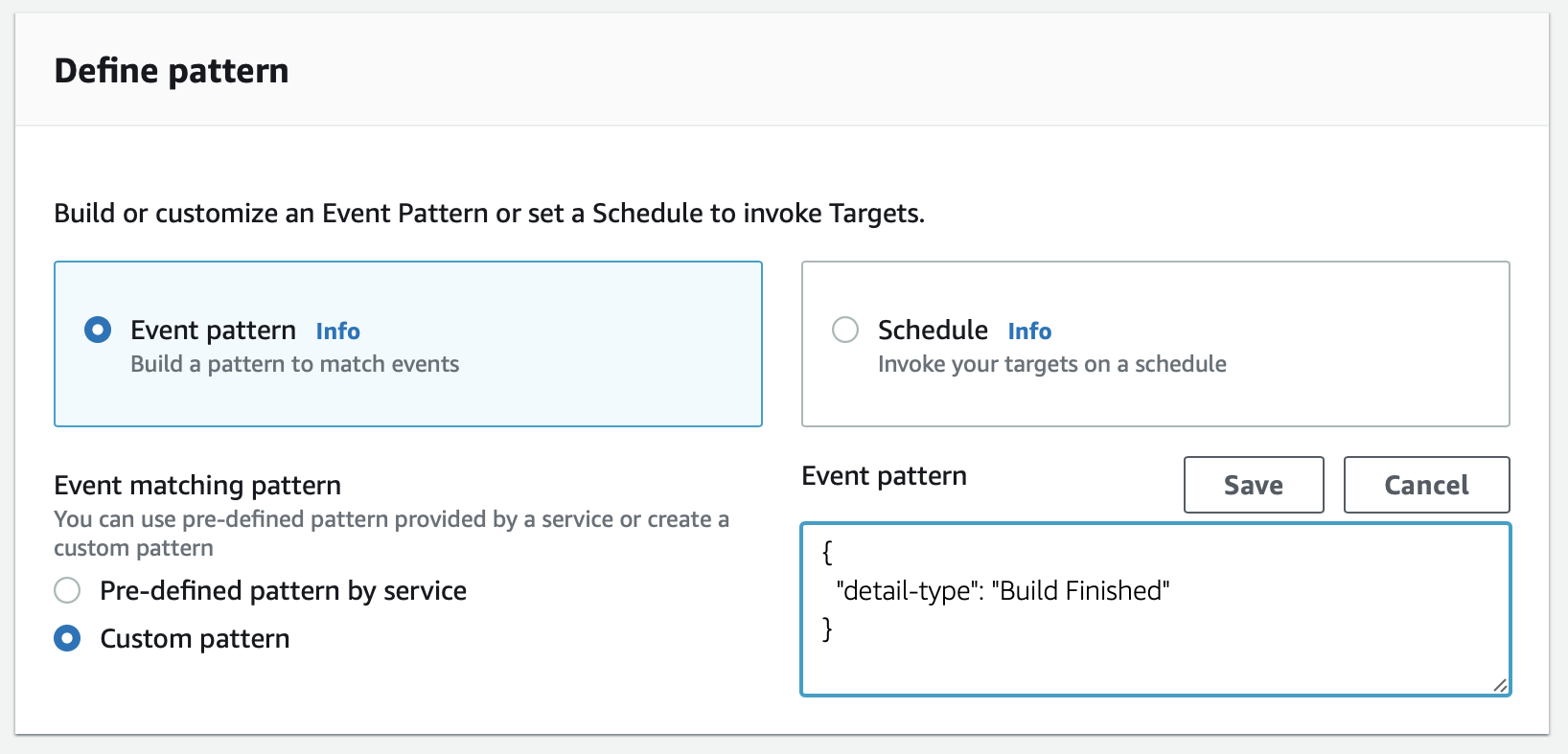 Screenshot of configuring an EventBridge Event Pattern filter